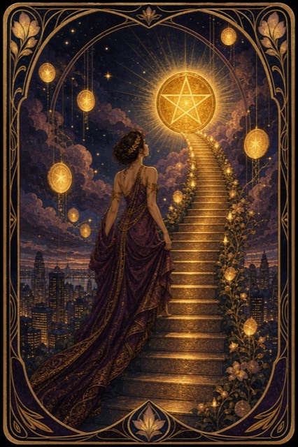 Illustrated tarot card of a woman climbing golden stairs toward a pentacle