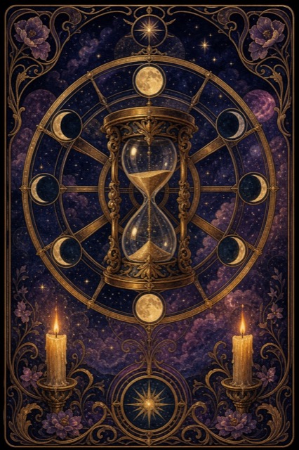 Illustrated tarot card of an hourglass inside a celestial wheel
