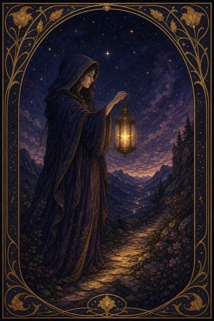 Illustrated tarot card of a hooded woman carrying a lantern