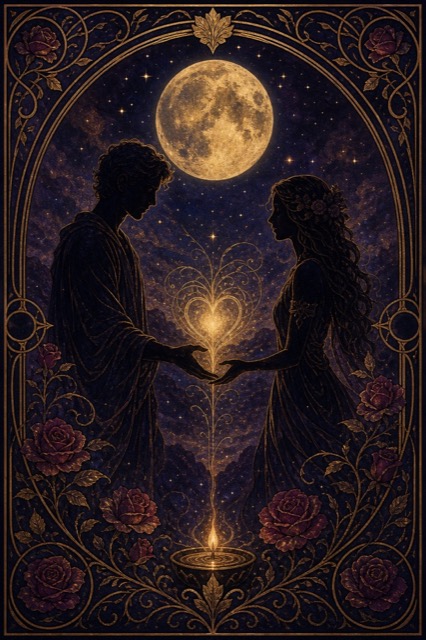 Illustrated tarot card of two lovers under a full moon